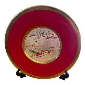 Himark Christmas Chokin 6” Plate Sleigh Ride Japan 24K Gold Trim with Stand